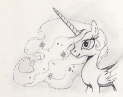 Size: 620x486 | Tagged: safe, artist:hewison, princess celestia, g4, female, grayscale, monochrome, scrunchy face, simple background, solo, stippling, traditional art