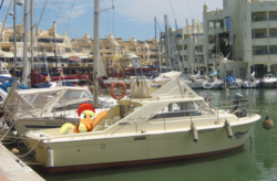 Size: 3100x2036 | Tagged: safe, artist:harvydraws, applejack, g4, ppov, boat, high res, irl, lifejacket, photo, photoshop, ponies in real life, port, sailor, solo, spain, trip, vector
