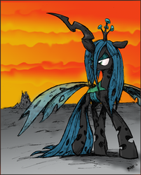 Size: 1300x1617 | Tagged: safe, artist:yewdee, queen chrysalis, changeling, changeling queen, g4, to where and back again, angry, bitterness, changeling hive, changeling lady, crown, defeated, female, frown, jewelry, regalia, solo, transparent wings, wasteland, wings