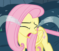Size: 566x492 | Tagged: safe, screencap, fluttershy, changeling, pony, g4, season 6, to where and back again, animated, crying, crying flutterlings, disguise, disguised changeling, fake fluttershy, female, gif, loop, ocular gushers, solo