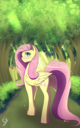 Size: 1200x1920 | Tagged: safe, artist:laptop-pone, fluttershy, butterfly, pegasus, pony, g4, blushing, butt, crepuscular rays, female, forest, looking back, plot, solo