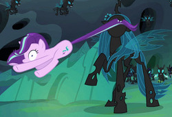 Size: 479x328 | Tagged: safe, screencap, queen chrysalis, starlight glimmer, thorax, changeling, changeling queen, pony, unicorn, g4, to where and back again, changeling guard, female, mare, nom, nose in the air, pinpoint eyes, raised hoof, smiling, tail, tail bite, tail pull, this will end in pain, throwing, wide eyes
