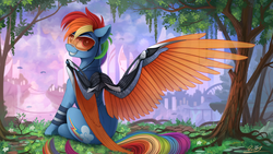 Size: 2500x1406 | Tagged: safe, artist:yakovlev-vad, rainbow dash, cyborg, pony, artificial wings, augmented, city, crossover, cute, detailed, deus ex, earbuds, female, future, looking at you, looking back, mare, mechanical wing, metal, prosthetics, scenery, signature, sitting, slim, smiling, solo, tree, visor, wings