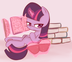 Size: 1200x1029 | Tagged: safe, anonymous artist, twilight sparkle, g4, book, female, filly, filly twilight sparkle, lidded eyes, lying down, magic, on back, simple background, solo, telekinesis, underhoof