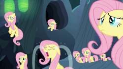 Size: 902x508 | Tagged: safe, screencap, fluttershy, changeling, g4, to where and back again, animated, changeling hive, crying, crying flutterlings, disguise, fake fluttershy, floppy ears, gif, multeity, nose in the air, pure unfiltered evil, so much flutter, volumetric mouth