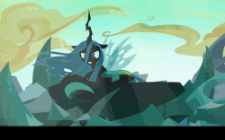 Size: 640x400 | Tagged: safe, edit, screencap, queen chrysalis, starlight glimmer, changeling, changeling queen, g4, to where and back again, animated, caption, changeling hive, cloud, defeated, female, former queen chrysalis, gif, leadership, lying down, sky, text, windswept mane