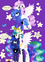 Size: 2821x3854 | Tagged: safe, artist:darkest-lunar-flower, princess celestia, princess luna, alicorn, pony, g4, age progression, cewestia, clothes, comic, crown, crying, cute, duo, duo female, feels, female, filly, filly celestia, filly luna, high res, jewelry, pink-mane celestia, regalia, royal sisters, shoes, sisters, spread wings, stars, tears of joy, wholesome, woona, younger