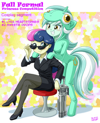 Size: 810x1000 | Tagged: safe, artist:uotapo, bon bon, lyra heartstrings, sweetie drops, equestria girls, adorabon, adoracreepy, breasts, busty bon bon, busty lyra heartstrings, clothes, colored pupils, cosplay, creepy, crossed legs, cute, duo, fall formal, fall formal princess competition, female, gun, high heels, irrational exuberance, leg focus, legs, lyra doing lyra things, lyrabetes, men in black, pantyhose, pony costume, role reversal, secret agent sweetie drops, sitting, smiling, stool, sunglasses, that human sure does love ponies, weapon
