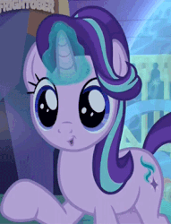 Size: 294x384 | Tagged: safe, screencap, starlight glimmer, pony, unicorn, g4, season 6, to where and back again, :o, animated, cropped, cute, eye shimmer, faic, female, gif, glimmerbetes, glowing horn, horn, mare, open mouth, raised hoof, smiling, solo, starlight glimmer is best facemaker