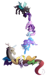 Size: 1900x3000 | Tagged: safe, artist:monnarcha, discord, starlight glimmer, thorax, trixie, pony, unicorn, g4, to where and back again, female, floating, holding on, knitting, mare, mouth hold, needle, reformed four, simple background, transparent background, trixie's cape, trixie's hat, yarn, yarn ball