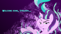 Size: 1920x1080 | Tagged: safe, artist:breezyblueyt, artist:pigeon2qwerty4u, starlight glimmer, g4, cutie mark, female, looking at you, quote, s5 starlight, sitting, smug, solo, vector, wallpaper, welcome home twilight