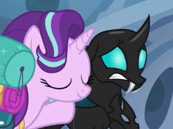 Size: 710x529 | Tagged: safe, screencap, starlight glimmer, thorax, changeling, pony, unicorn, g4, season 6, to where and back again, adorable distress, animated, anxiety, cute, fangs, female, gif, glimmerbetes, happy, hyperventilating, male, mare, open mouth, panic attack, smiling, thorabetes, twilighting
