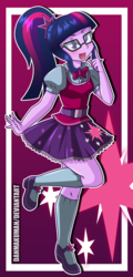 Size: 1401x2929 | Tagged: safe, artist:danmakuman, sci-twi, twilight sparkle, human, equestria girls, g4, bowtie, clothes, commission, cute, cutie mark, female, glasses, looking at you, mary janes, miniskirt, raised leg, shoes, skirt, socks, solo