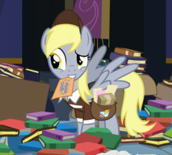 Size: 1000x900 | Tagged: safe, screencap, derpy hooves, pegasus, pony, g4, to where and back again, book, clothes, cropped, female, letter, mare, mouth hold, saddle bag, solo