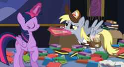 Size: 1850x1000 | Tagged: safe, screencap, derpy hooves, twilight sparkle, alicorn, pony, g4, to where and back again, book, clothes, letter, magic, mouth hold, raised hoof, saddle bag, twilight sparkle (alicorn)
