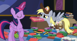 Size: 1850x1000 | Tagged: safe, screencap, derpy hooves, twilight sparkle, alicorn, pony, g4, my little pony: friendship is magic, to where and back again, book, clothes, letter, magic, mouth hold, raised hoof, saddle bag, twilight sparkle (alicorn)