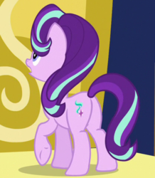 Size: 418x480 | Tagged: safe, screencap, starlight glimmer, pony, unicorn, g4, to where and back again, butt, cropped, female, glimmer glutes, mare, open mouth, plot, raised hoof, solo, underhoof