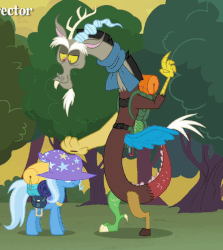 Size: 497x557 | Tagged: safe, screencap, discord, trixie, pony, unicorn, g4, to where and back again, animated, backpack, clothes, female, frown, gif, loop, mare, open mouth, patting, petting, scarf, smiling, talking, trixie is not amused, unamused