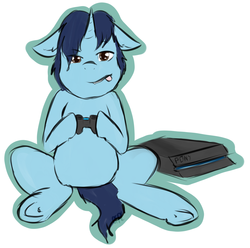 Size: 1947x1928 | Tagged: safe, artist:otpl, oc, oc only, oc:trigger, pony, unicorn, floppy ears, playstation 4, sitting, solo, tongue out