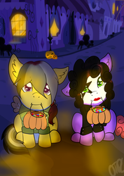 Size: 2893x4092 | Tagged: safe, artist:otpl, oc, oc only, oc:violet patronage, earth pony, pony, cardboard wings, clothes, costume, foal, looking at you, mouth hold, pumpkin bucket, trick or treat