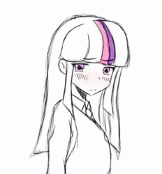 Size: 1187x1280 | Tagged: safe, artist:angeltorchic, twilight sparkle, equestria girls, g4, blushing, female, implied sunsetsparkle, monochrome, partial color, sad, solo, teary eyes