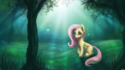 Size: 1382x778 | Tagged: safe, artist:pitchyy, fluttershy, g4, crepuscular rays, female, folded wings, forest, looking at you, meadow, moonlight, night, sitting, solo