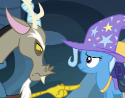 Size: 650x508 | Tagged: safe, screencap, discord, trixie, pony, unicorn, g4, to where and back again, animated, eye contact, female, frown, gif, glare, loop, mare, poking, talking