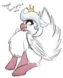 Size: 1784x2215 | Tagged: safe, artist:otpl, oc, oc only, bird pone, pegasus, pony, :t, behaving like a bird, birb, chest fluff, crown, descriptive noise, floppy ears, horse noises, impossibly large chest fluff, jewelry, meme, peacocking, regalia, scrunchy face, simple background, sitting, solo, wavy mouth, white background, wide eyes