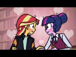 Size: 480x360 | Tagged: safe, artist:crydius, sci-twi, sunset shimmer, twilight sparkle, equestria girls, g4, blushing, blushing profusely, clothes, fandub, female, heart, holding hands, lesbian, library, looking at each other, ship:sci-twishimmer, ship:sunsetsparkle, shipping, sweat, sweatdrop
