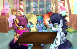 Size: 1024x654 | Tagged: safe, artist:northlights8, rainbow dash, scootaloo, soarin', pony, g4, auntie scootaloo, colored wings, colored wingtips, fanfic, fanfic art, male, offspring, parent:rainbow dash, parent:soarin', parents:soarindash, ship:soarindash, shipping, straight