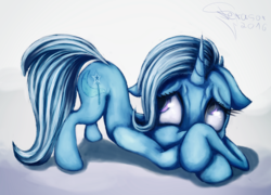 Size: 2500x1800 | Tagged: safe, artist:ferasor, trixie, pony, unicorn, g4, to where and back again, ears back, face down ass up, female, fluffy, looking back, looking up, mare, scared, simple background, solo, white background