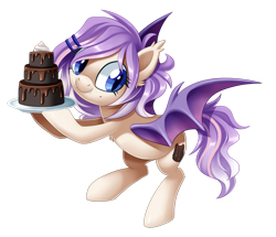 Size: 2638x2273 | Tagged: safe, artist:centchi, oc, oc only, oc:sweet tooth, bat pony, pony, bat pony oc, cake, food, high res, simple background, solo, transparent background, watermark
