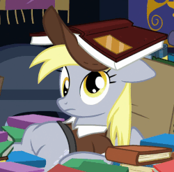 Size: 522x513 | Tagged: safe, screencap, derpy hooves, pegasus, pony, g4, to where and back again, animated, book, book hat, clothes, derp, dizzy, female, floppy ears, frown, gif, loop, mailmare, mare, on back, solo