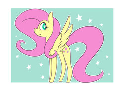 Size: 1280x947 | Tagged: safe, artist:shootinstarchan, fluttershy, g4, female, heart eyes, looking at you, looking back, profile, smiling, solo, spread wings, standing, stars, wingding eyes