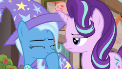 Size: 902x508 | Tagged: safe, screencap, starlight glimmer, trixie, pony, g4, to where and back again, animated, female, gif, giggling