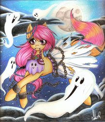 Size: 1024x1181 | Tagged: safe, artist:bunnywhiskerz, oc, oc only, ghost, pony, :3, :o, beads, big eyelashes, c:, candy, candy bag, clothes, cloud, dark clouds, eyelashes, food, hair tie, manacles, moon, moonlight, mouth hold, night, open mouth, skirt, smiling, starry night, tattered