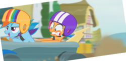Size: 1920x938 | Tagged: safe, edit, edited screencap, screencap, rainbow dash, scootaloo, g4, the cart before the ponies, cart, helmet, physics, ponyville