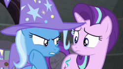 Size: 902x508 | Tagged: safe, screencap, starlight glimmer, trixie, pony, g4, to where and back again, animated, female, gif, loop, whispering