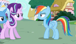 Size: 856x500 | Tagged: safe, screencap, rainbow dash, starlight glimmer, trixie, changeling, pony, unicorn, g4, to where and back again, animated, disguise, disguised changeling, fake rainbow dash, female, gif, mare, tail flick