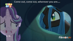 Size: 656x368 | Tagged: safe, edit, edited screencap, screencap, queen chrysalis, starlight glimmer, changeling, changeling queen, g4, to where and back again, fear, female, hiding, image macro, meme, reference, star trek, star trek: the next generation, tiny pop, tv tropes, youtube link