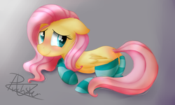 Size: 4892x2936 | Tagged: safe, artist:pucksterv, fluttershy, g4, blushing, butt, clothes, cute, female, floppy ears, flutterbutt, folded wings, gradient background, looking at you, plot, prone, shyabetes, smiling, socks, solo, striped socks