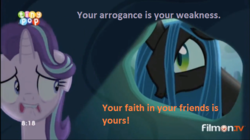 Size: 656x368 | Tagged: safe, edit, edited screencap, screencap, queen chrysalis, starlight glimmer, changeling, changeling queen, g4, to where and back again, emperor palpatine, female, image macro, luke skywalker, meme, op has a headache from the comments, reference, star wars, star wars: return of the jedi, tiny pop