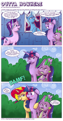 Size: 956x1837 | Tagged: safe, artist:saturdaymorningproj, spike, starlight glimmer, sunset shimmer, trixie, twilight sparkle, alicorn, dragon, pony, unicorn, g4, to where and back again, annoyed, bamf, blushing, comic, crossed arms, dialogue, female, floppy ears, frown, grin, hug, leaning, leaning on the fourth wall, lesbian, lidded eyes, mare, open mouth, ship:sunsetsparkle, shipping, smiling, smirk, smug, teleportation, twilight sparkle (alicorn), twilight's counterparts, wide eyes