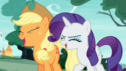 Size: 902x508 | Tagged: safe, screencap, applejack, rarity, changeling, g4, to where and back again, >:), >:d, animated, disguise, disguised changeling, evil laugh, evil smile, fake applejack, fake rarity, gif, laughing, laughingmares.jpg, loop, scrunchy face, smiling