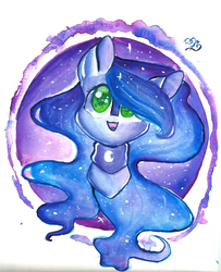 Size: 1630x2008 | Tagged: safe, artist:prettyshinegp, princess luna, alicorn, pony, g4, bust, colored pupils, cute, ethereal mane, female, looking up, mare, missing horn, open mouth, peytral, portrait, signature, simple background, smiling, solo, starry mane, traditional art, watercolor painting, white background