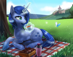 Size: 1000x787 | Tagged: safe, artist:racoonsan, oc, oc only, butterfly, pony, unicorn, bottle, box, cup, donut, drink, food, grass field, levitation, magic, placemat, scenery, shade, solo, telekinesis, tree, underhoof