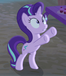 Size: 440x507 | Tagged: safe, screencap, starlight glimmer, pony, unicorn, g4, season 6, to where and back again, animated, bipedal, cupcake, cute, female, food, frown, gif, glimmerbetes, hoofy-kicks, hooves, loop, mare, open mouth, plate, solo, table, teeth, underhoof, upsies