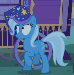 Size: 507x510 | Tagged: safe, screencap, trixie, pony, unicorn, g4, season 6, to where and back again, animated, female, frown, gif, hat, loop, nervous, nightcap, panic, prancing, scared, solo, talking, trixie's nightcap, trixie's wagon, trotting, trotting in place, wide eyes