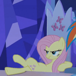 Size: 331x331 | Tagged: safe, screencap, fluttershy, rainbow dash, changeling, g4, to where and back again, animated, disguise, disguised changeling, fake fluttershy, fake rainbow dash, frown, gif, loop, solo focus