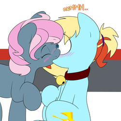 Size: 1280x1280 | Tagged: dead source, safe, artist:victoreach, oc, oc only, oc:honey wound, oc:juicy dream, earth pony, pony, bell, bell collar, blushing, collar, eyes closed, female, kiss on the lips, kissing, lesbian, mare, raised hoof, shipping, shrunken pupils, sitting